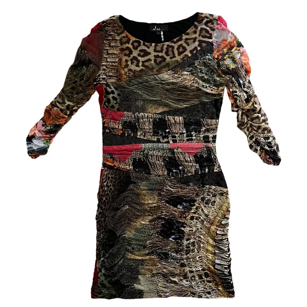 I Am Alberto Makali M Dress Ruched Stretch Mesh Sequins Party Animal Print